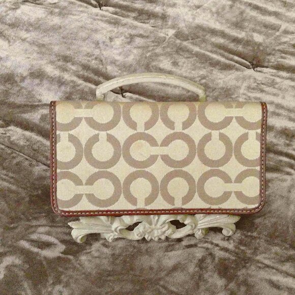 Coach Handbags - Coach Signature Checkbook Cover Tan & Bronze Pink Interior